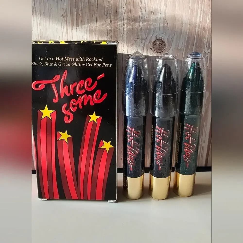 ROCKINS COSMETICS Hot Mess Threesome Glitter Gel Eye Pens 3-Pk, Black/Blue/Green